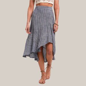 LULUS By The Bay Washed Blue & White Striped Ruffled Midi Skirt